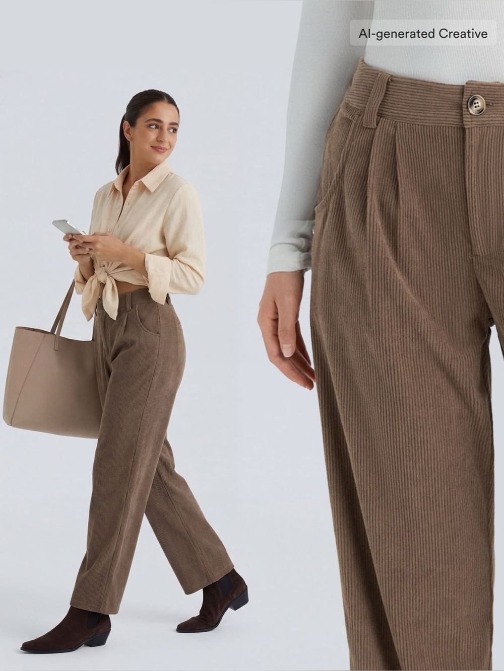 HALARA High Waisted Corduroy Pleated Straight Pants Acorn Brown Relaxed Trousers - Picture 12 of 12